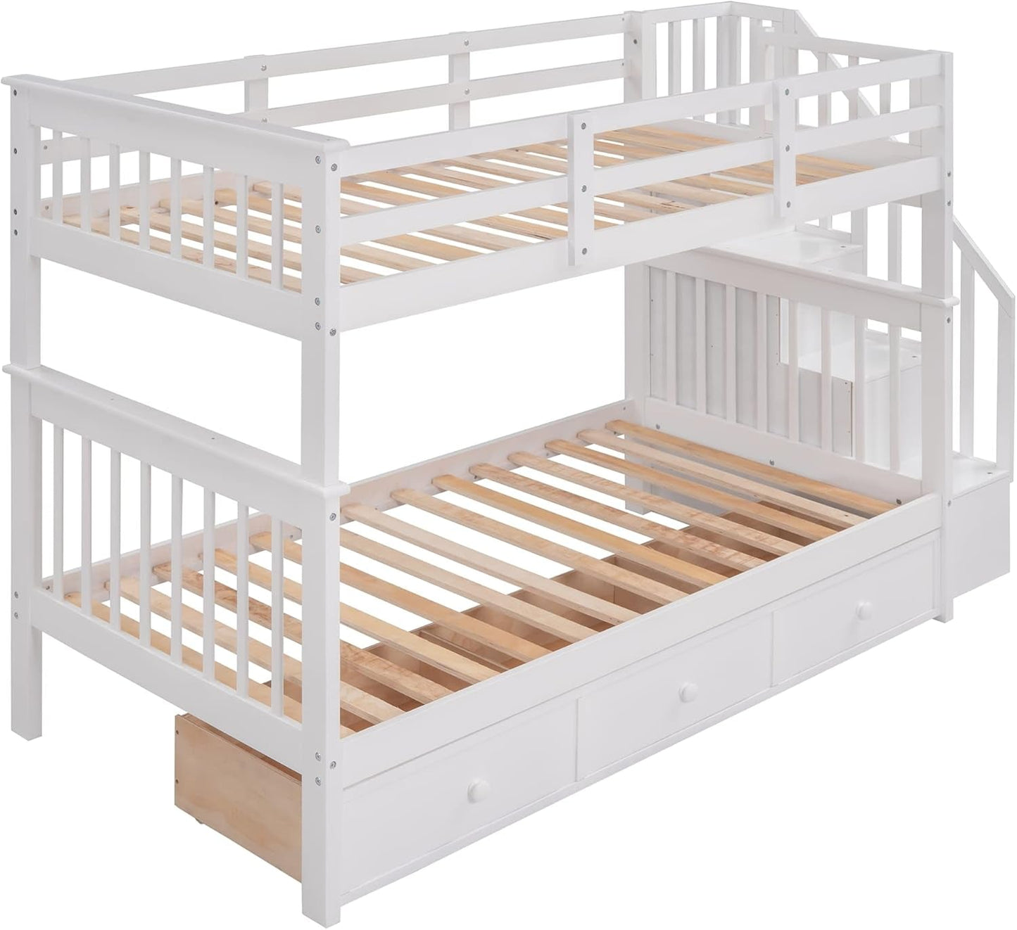 Twin Over Twin Bunk Bed With Stairs Guard Rail And Storage Drawers White