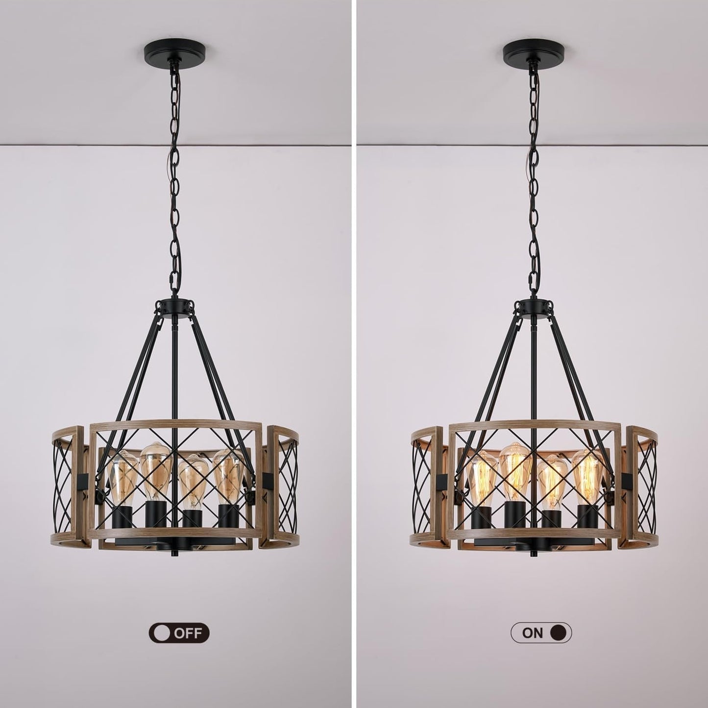 4 Light Modern Farmhouse Chandelier Grey Wood Rustic Finish