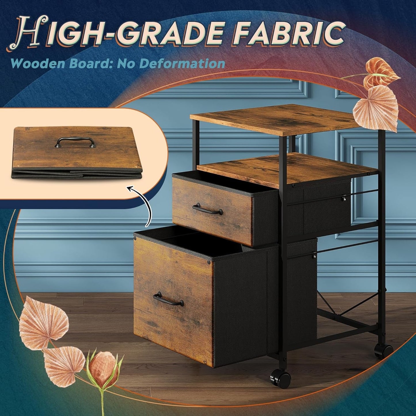 2 Drawer Mobile File Cabinet With Open Shelf Rolling Printer Stand For A4 Or Letter Size Files Rustic Brown Wood Grain