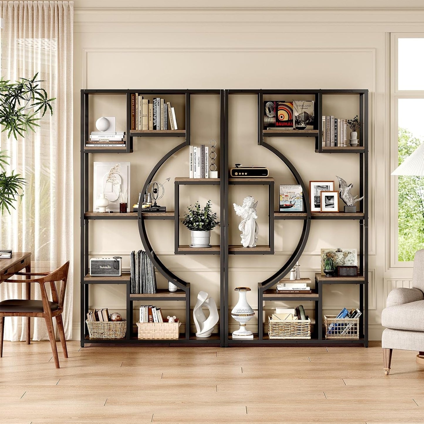 Tall Industrial Bookshelf Set Of 2 Geometric Gray Wash