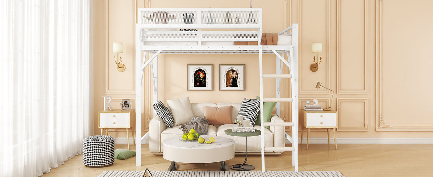 Queen Size Loft Bed with Ladder, Metal Queen Loft Bed with Storage Shelves, High Loft Bed for Kids Teens, White(Expect Arrival Date 2025/12/3 Old SKU W2580P351278)
