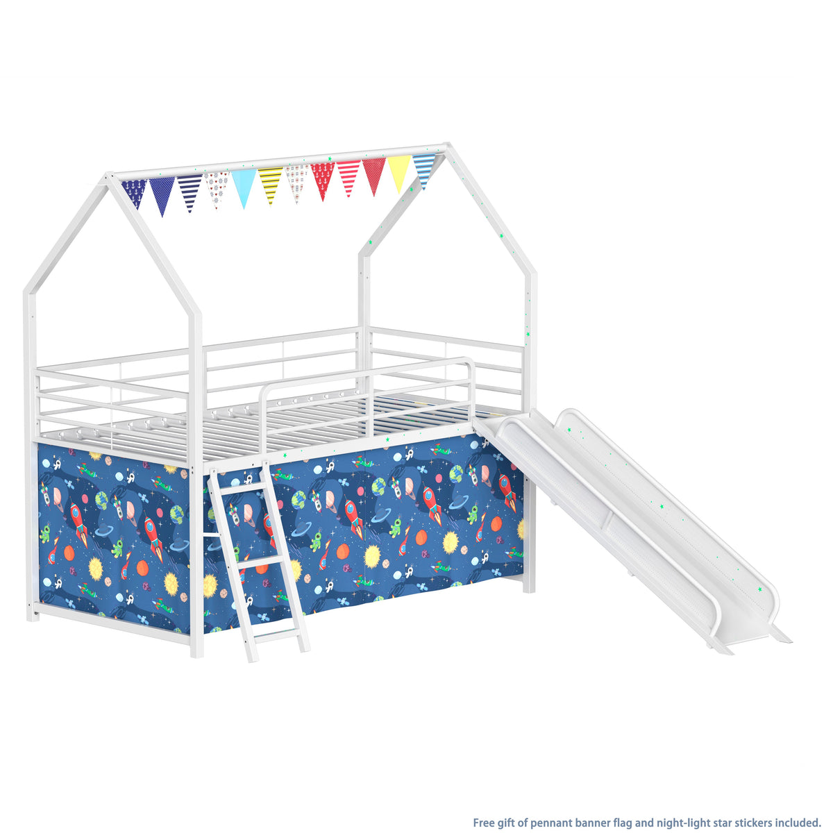 Jack Metal Junior House Twin Loft Bed with Slide and Curtain Set