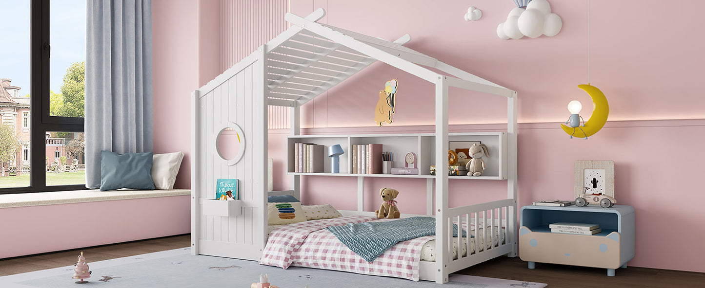 Twin Size Floor House Bed for Toddler, Kids Montessori Bed with Storage Shelf, Playhouse Bed with Roof Design, White