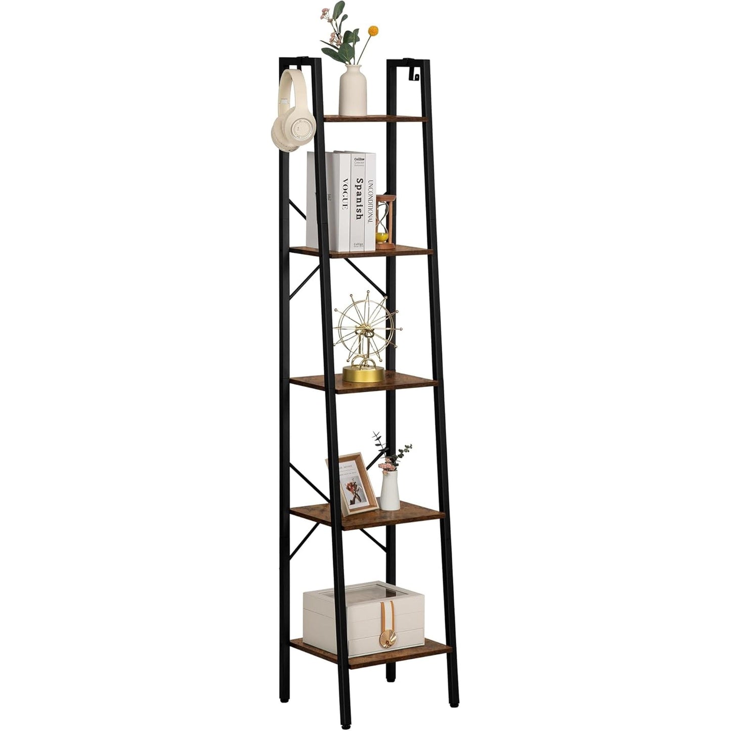 Ladder Shelf Bookcase 5 Tier Rustic Brown Freestanding