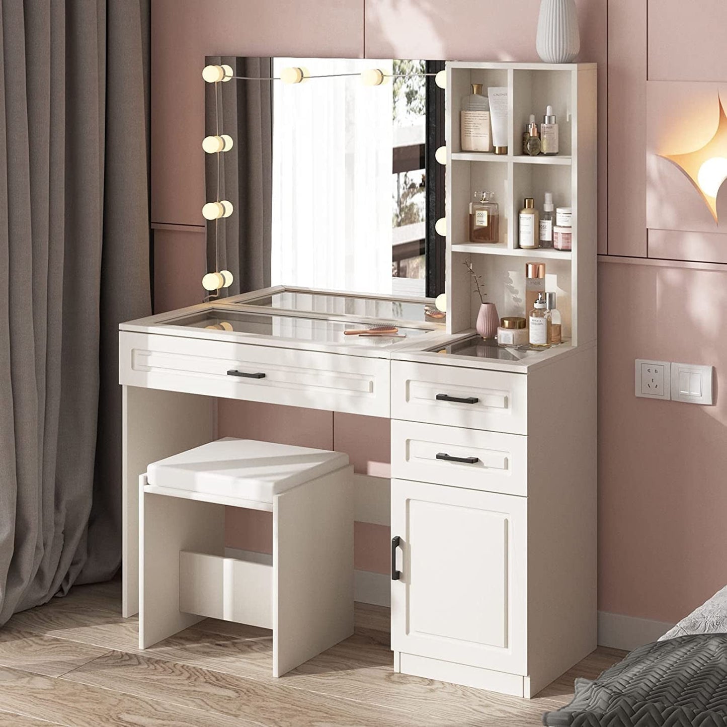 White Vanity Table Set With Glass Top Hollywood Mirror