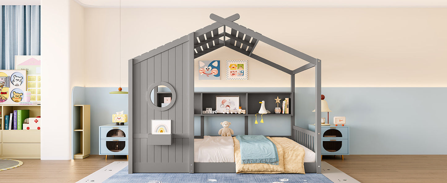 Full Size Floor House Bed for Toddler, Kids Montessori Bed with Storage Shelf, Playhouse Bed with Roof Design, Gray
