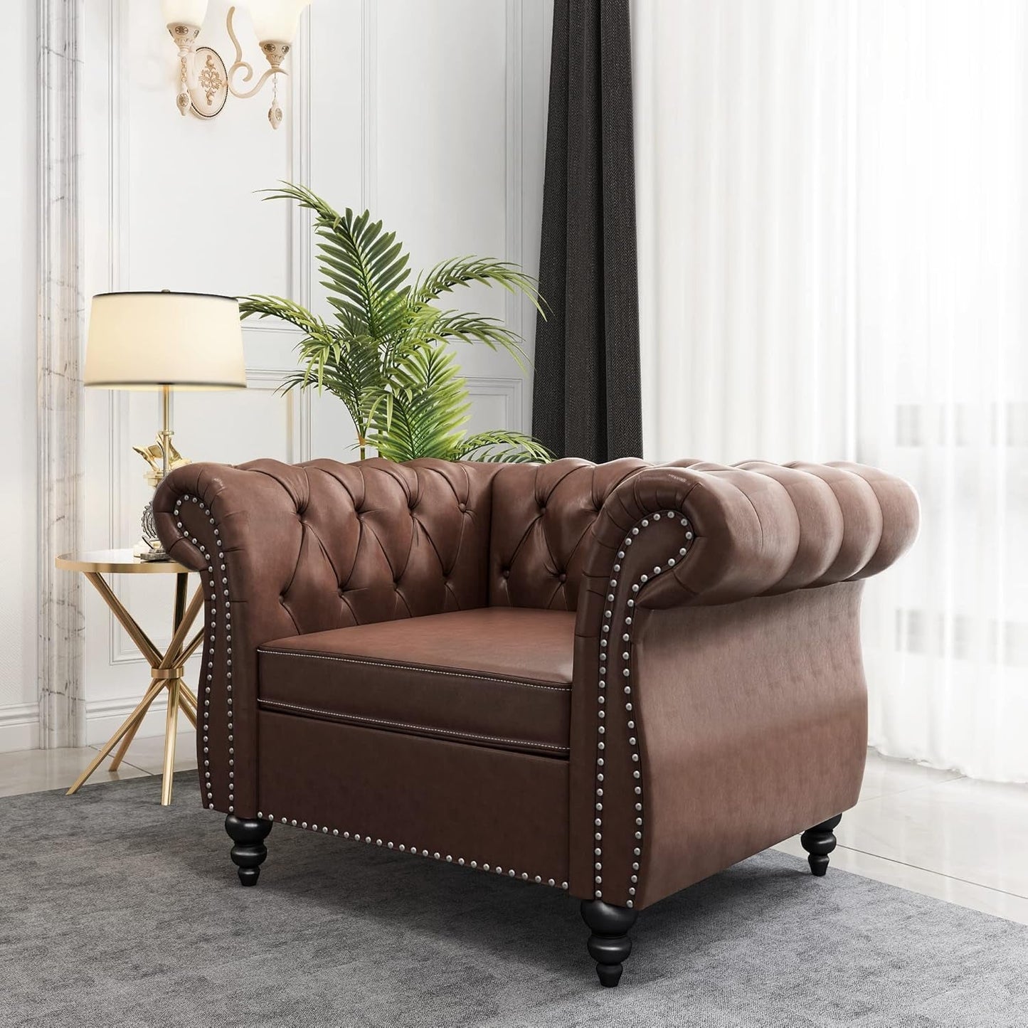 3 Piece Chesterfield Leather Living Room Set Sofa Loveseat Chair Dark Brown with Scroll Arms and Nailhead