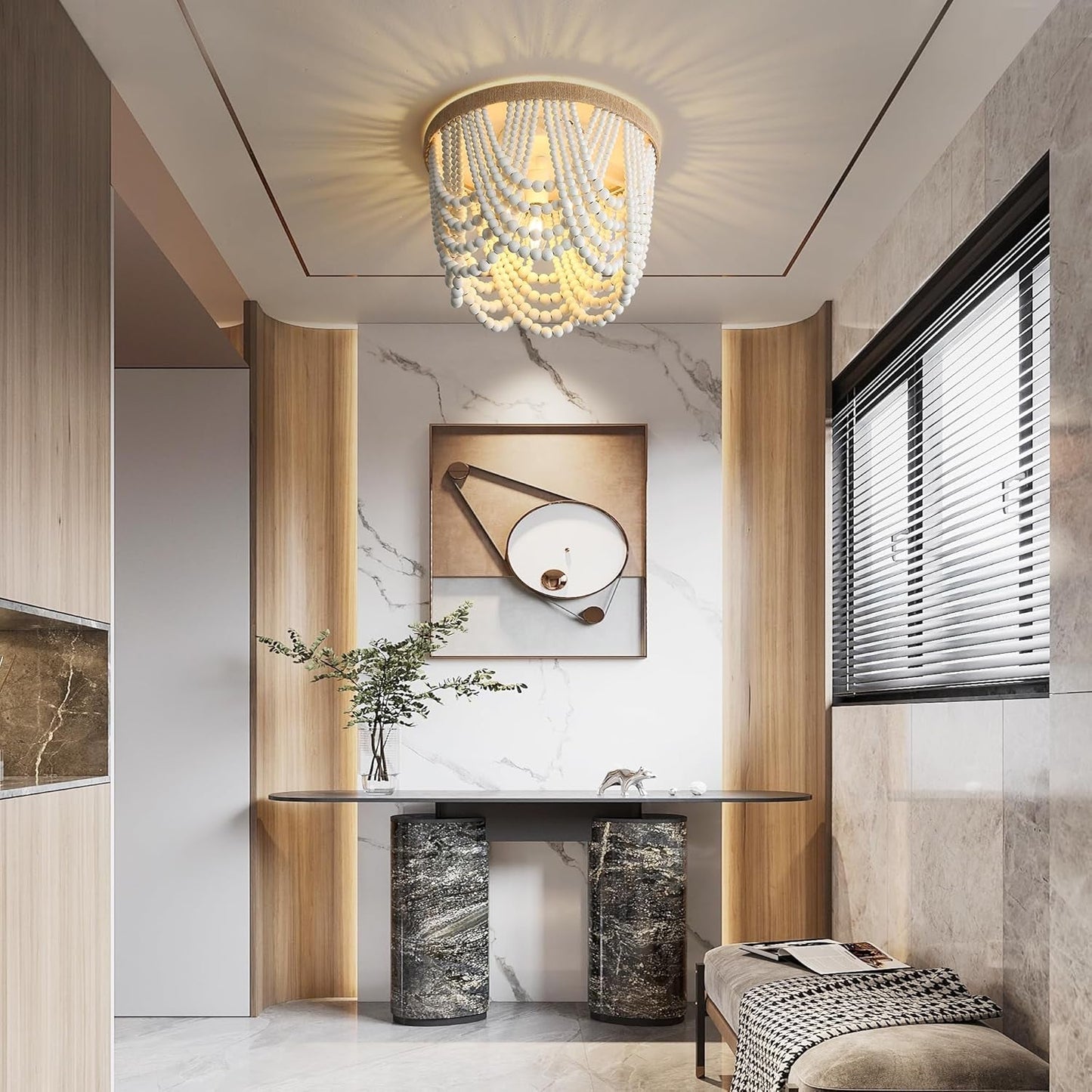 Three Light White Wood Bead Bohemian Chandelier Handmade