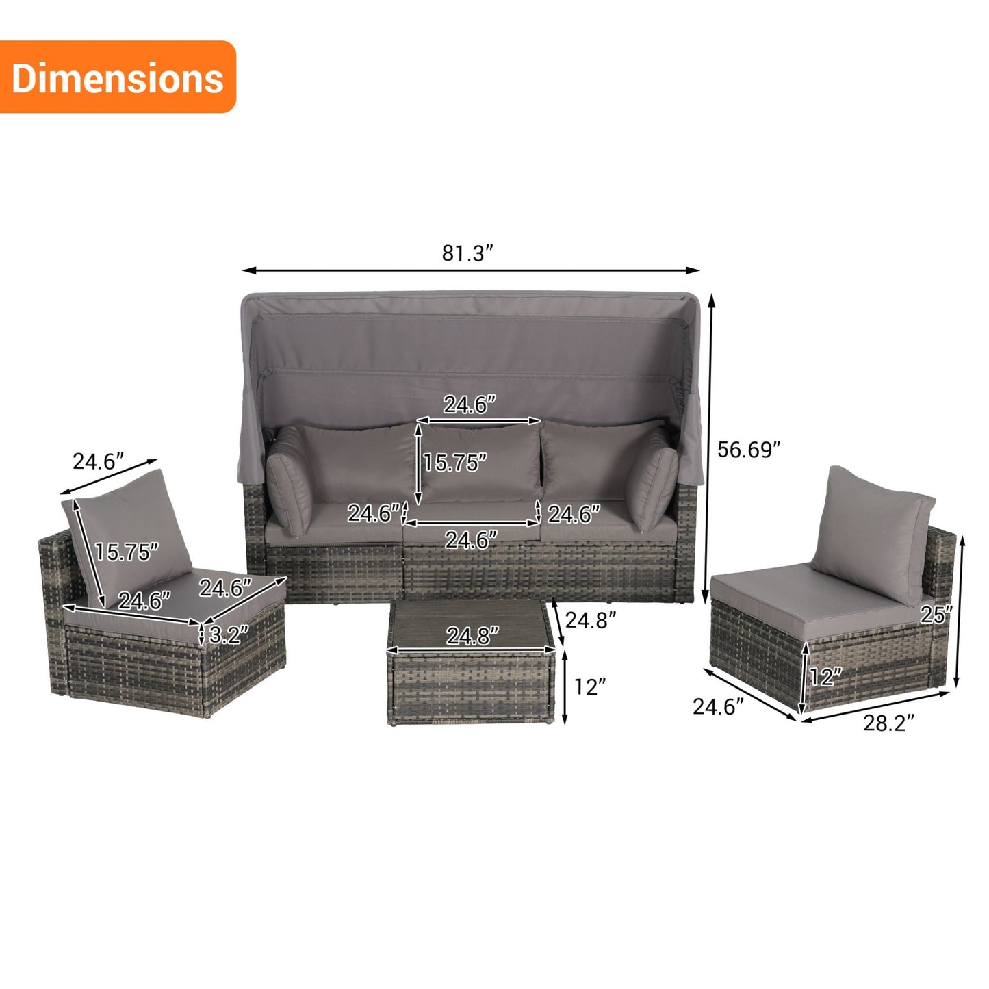 5 PCS Outdoor Patio Wicker Daybed Furniture Set With Retractable Canopy (SAK37816)