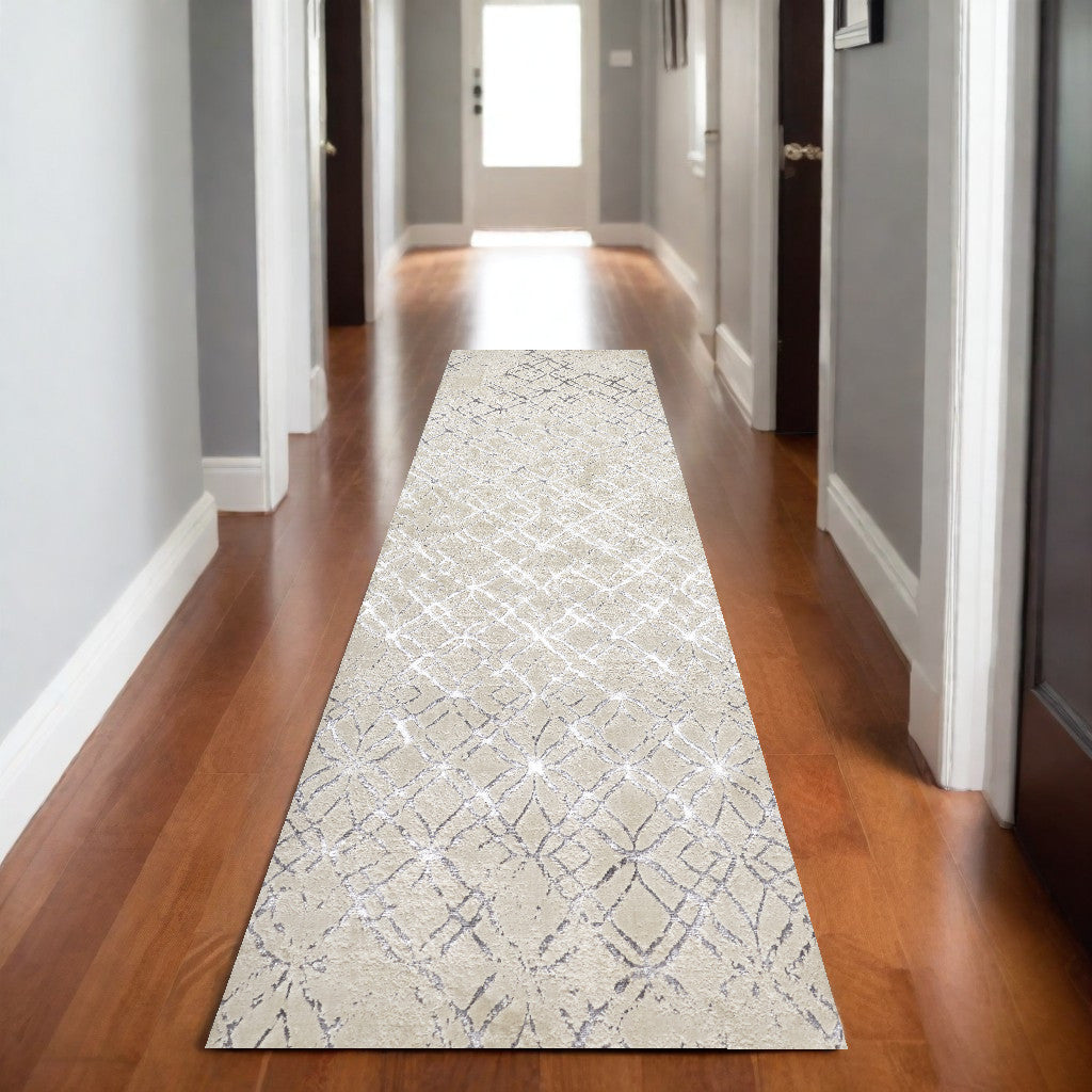 8' Silver Gray And White Abstract Stain Resistant Runner Rug