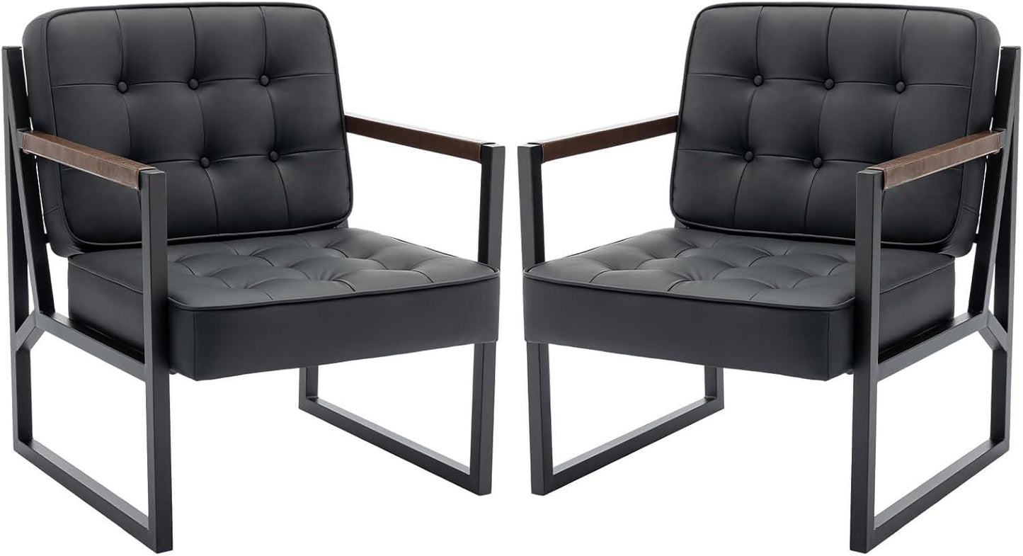 Mid Century Classic Black Leather Upholstered Accent Chair