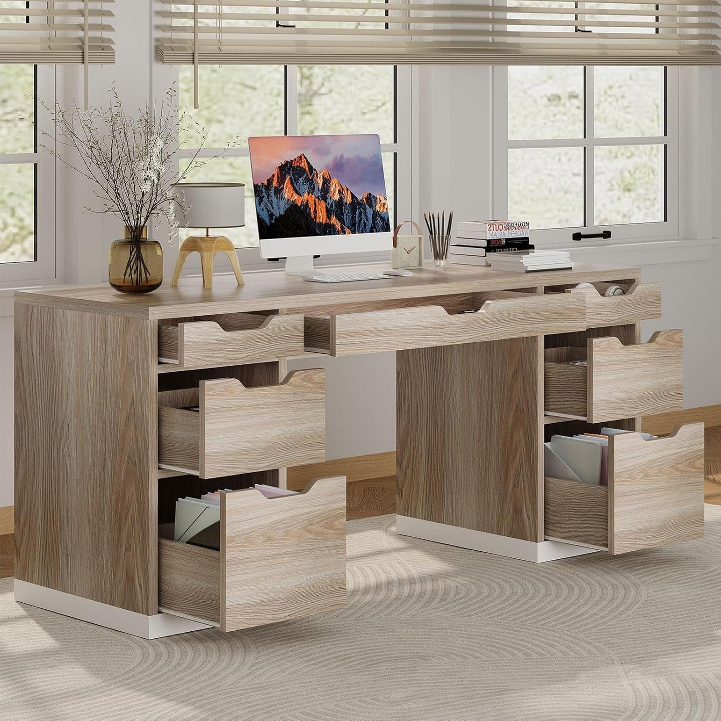 54 Inch Computer Desk With Storage Drawers White Walnut
