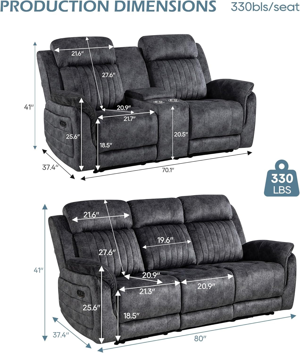 Grey Zero Gravity Reclining Sofa Set With Adjustable Headrest