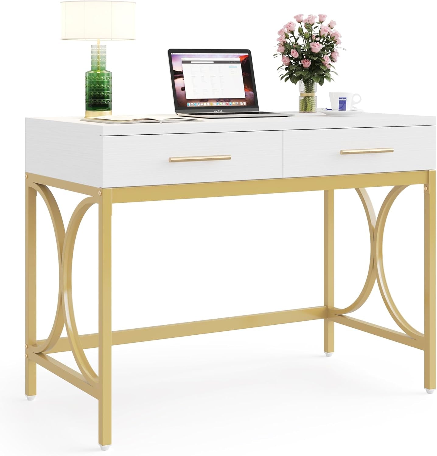 41 Inch White And Gold Computer Desk With 2 Drawers