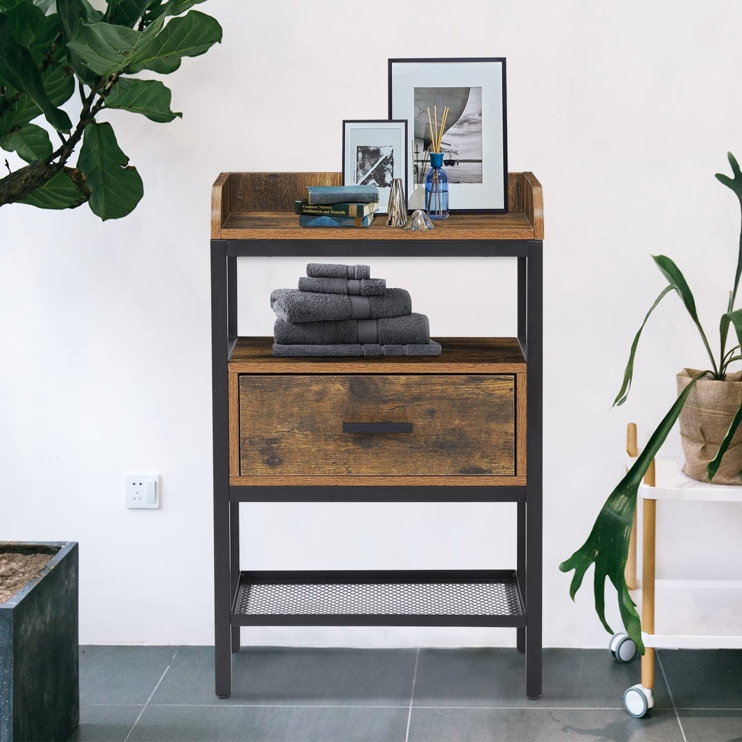 Industrial Three Tier Nightstand Set With Wood Grain Finish
