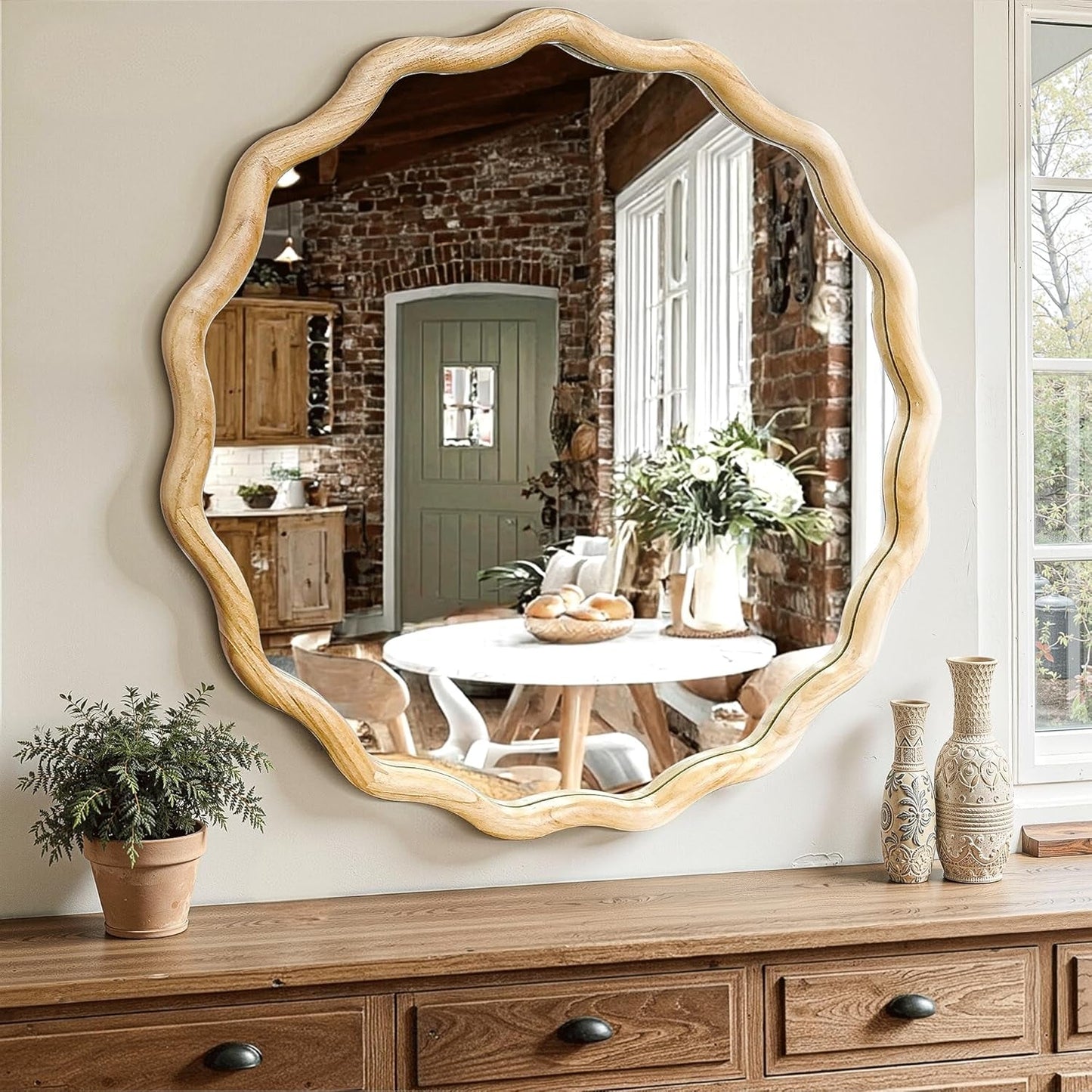 Round Wood Wall Mirror 24 Inch Shatterproof Glass Mounted
