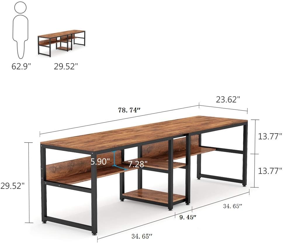 78.7" Double Desk for Two Persons with Bookshelves
