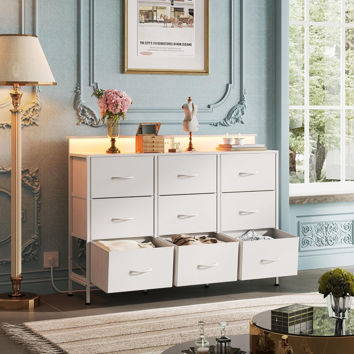 White Dresser TV Stand 55 Inch With LED Lights And Charging