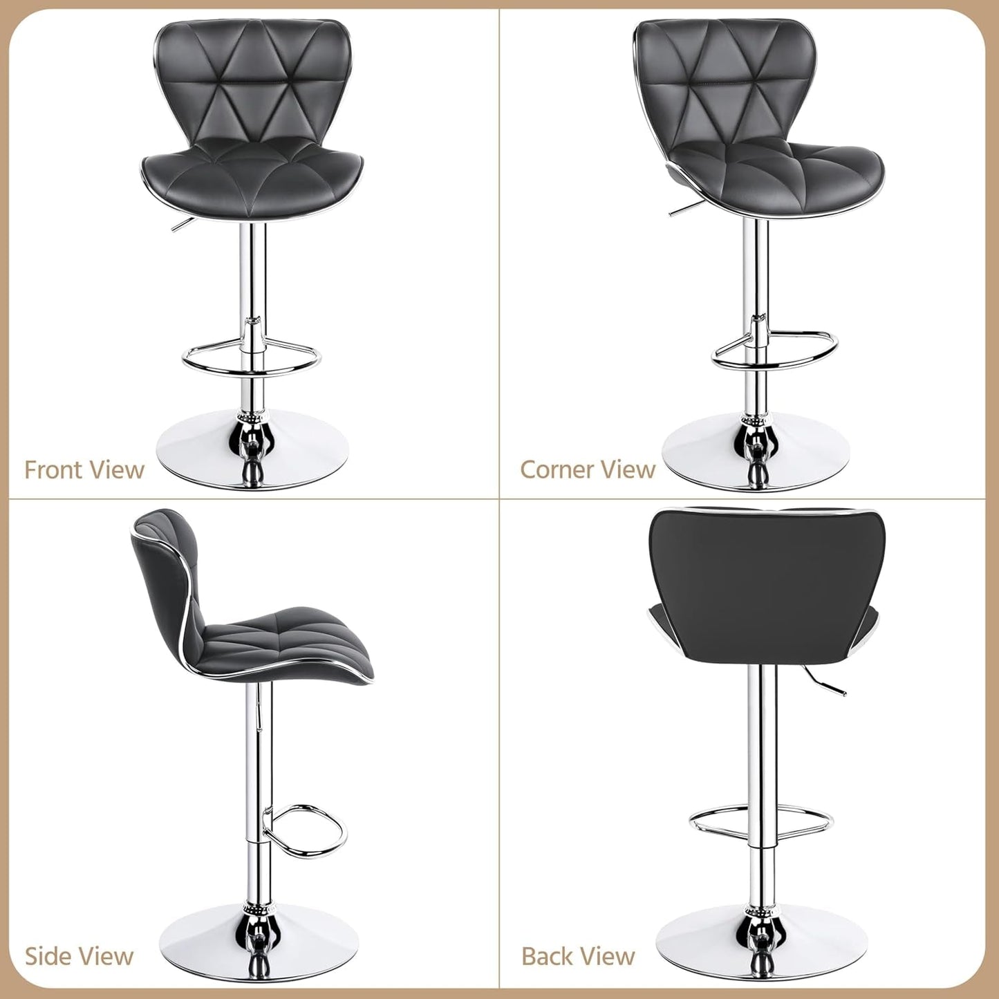 Grey Adjustable PU Leather Swivel Bar Stools Set of 2, Counter Height