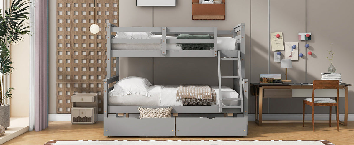 Twin Over Full Bunk Bed with Ladder, Two Storage Drawers, Safety Guardrail