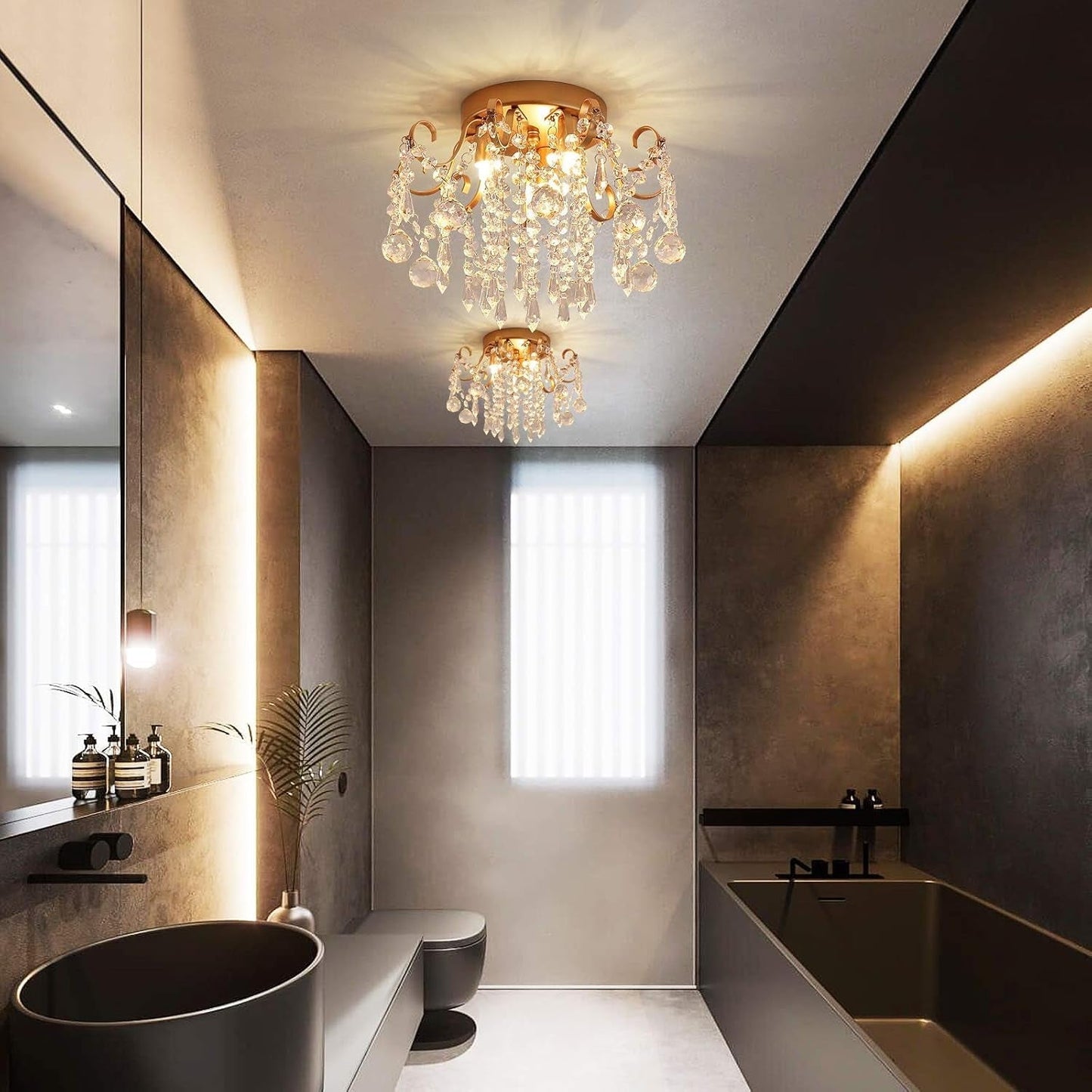 Small Gold Crystal Chandelier Three Light G9 Modern Design illuminating a stylish bathroom with modern decor.