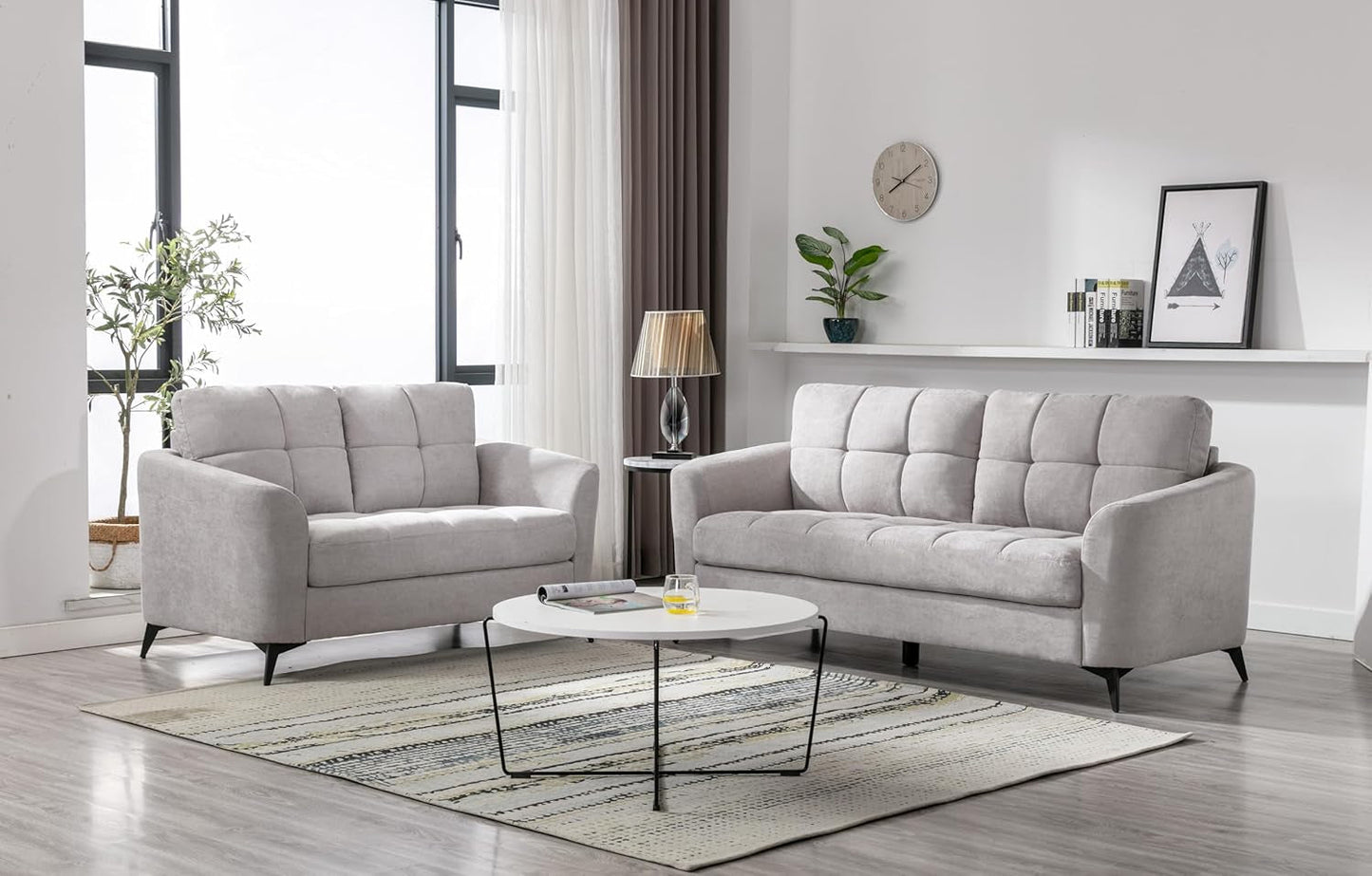 Callie Light Gray Velvet Sofa Loveseat Set 79 Inch Living Room Furniture