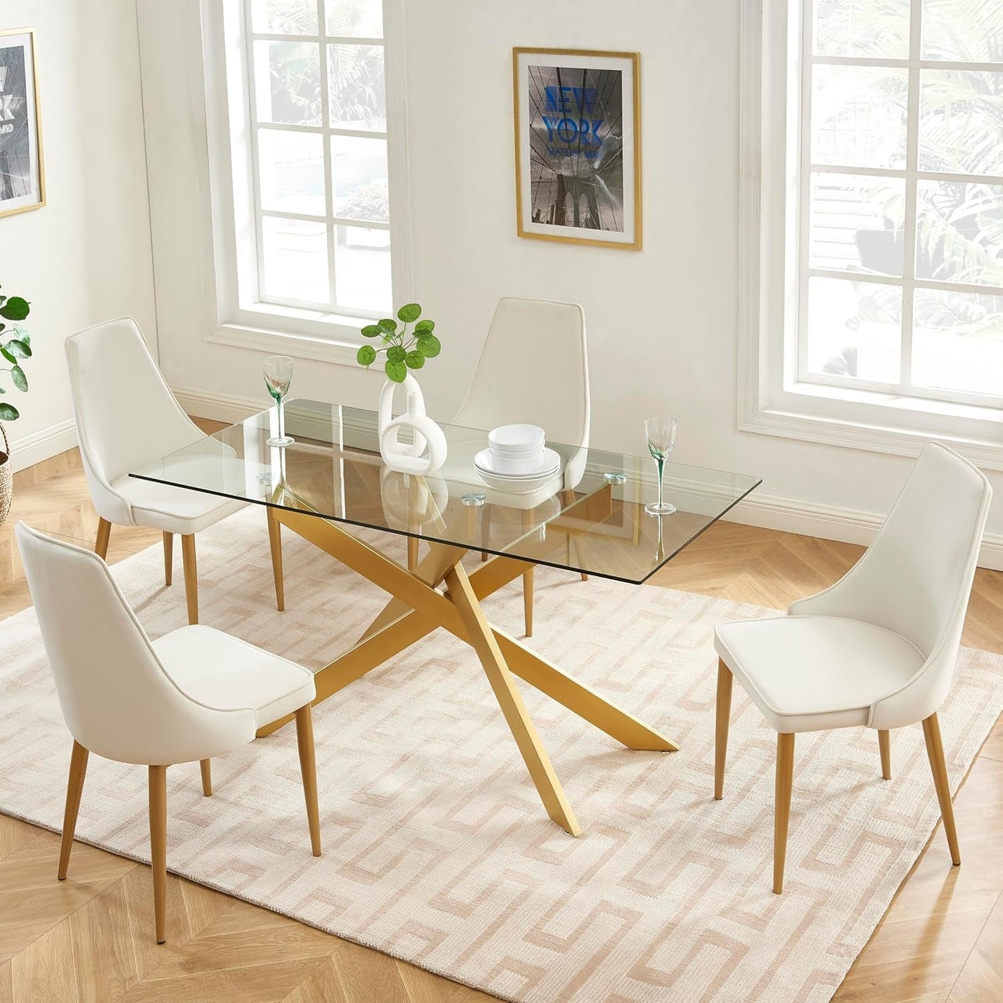 Rectangular Tempered Glass Dining Table Gold Finish