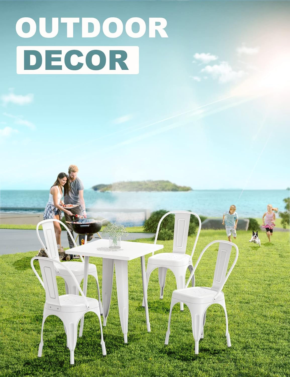 Tolix Style Metal Dining Chair White Stackable Set Of 4 outdoors with table and people enjoying a sunny day.
