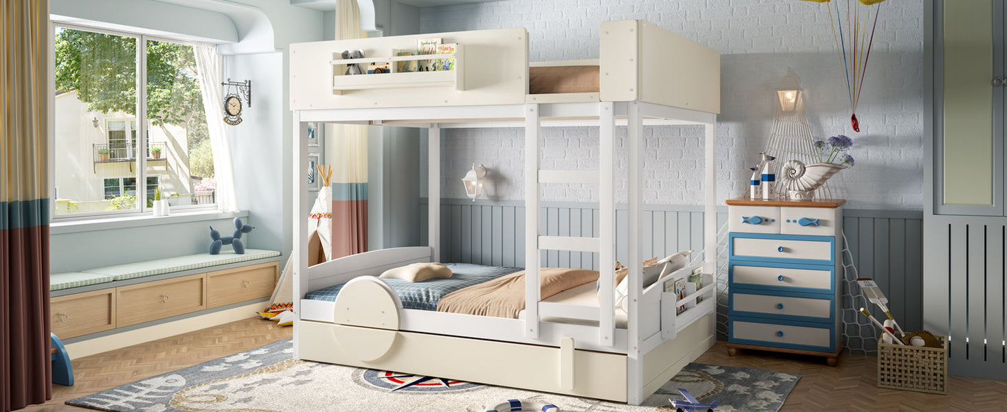 Full Bunk Bed with Trundle , Wood Bunk Bed Frame with Built-in Bookshelf and High-quality Safety Guardrail,Automobile Form Design for Kids ,White& Beige.