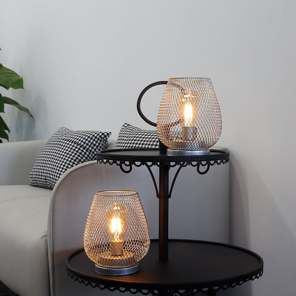 6.7"H Set of 2 Metal Cage LED Lantern (Silver)