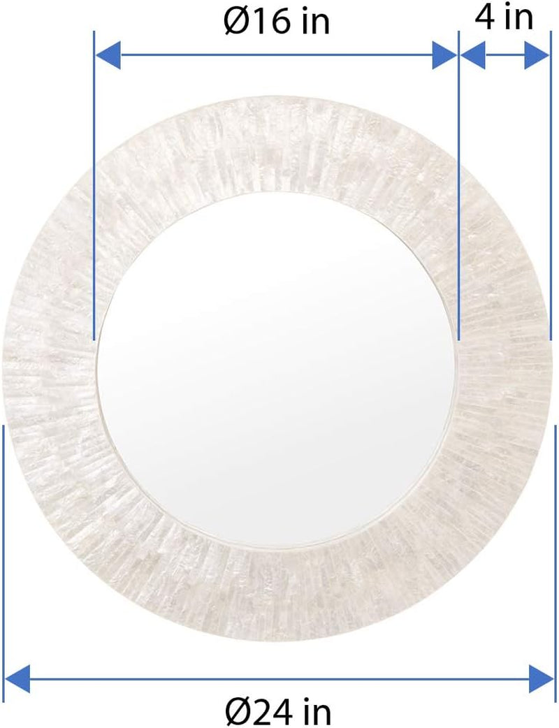 Handcrafted Pearlescent White Capiz Seashell Sunray Wall Mirror 24 Inch Diameter