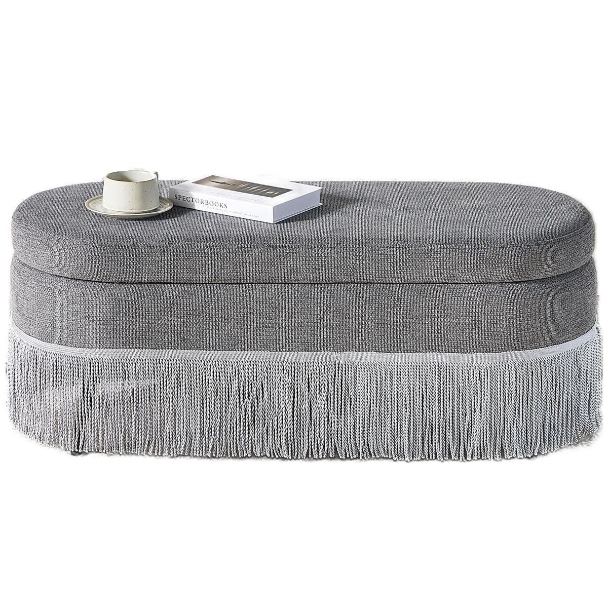 Oval Upholstered Storage Ottoman with Fringe Trim & Lift-Top Lid