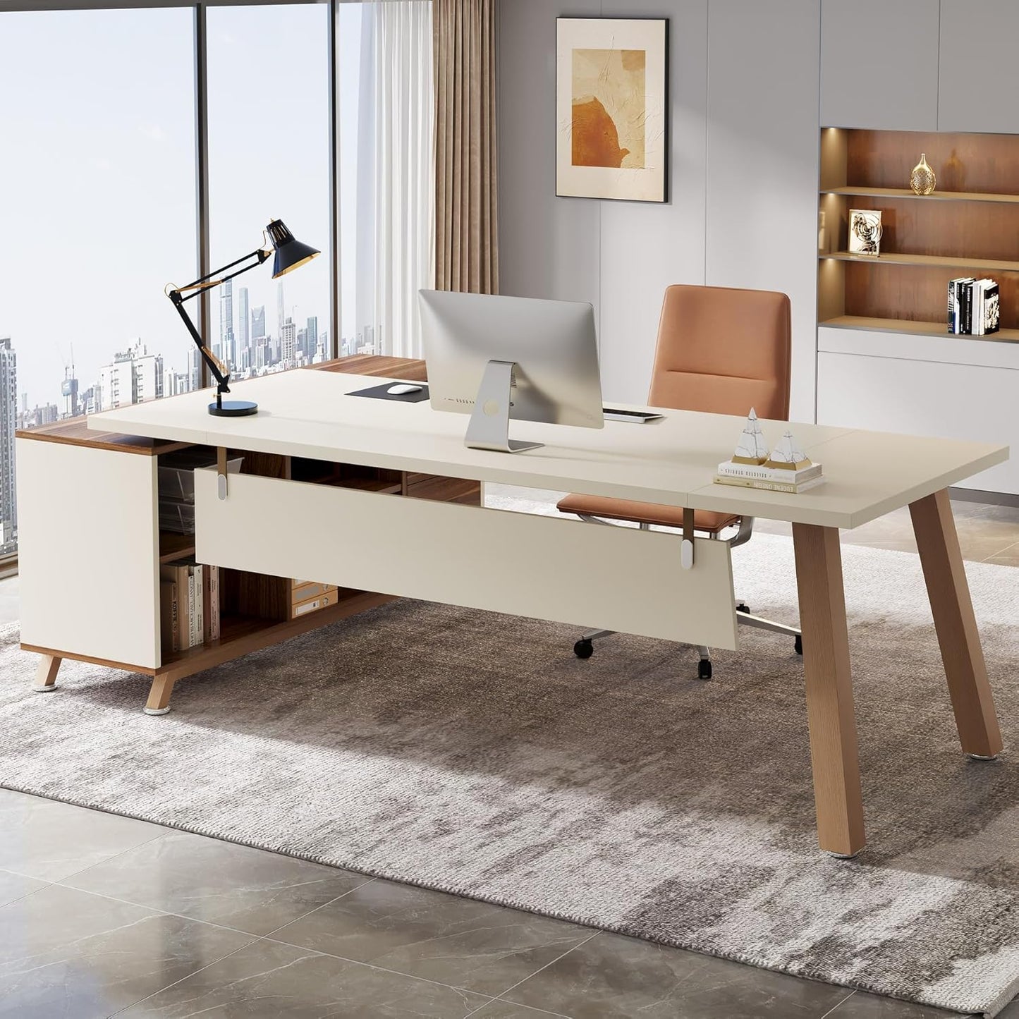 78.7" L-Shaped Executive Desk with 55" File Cabinet