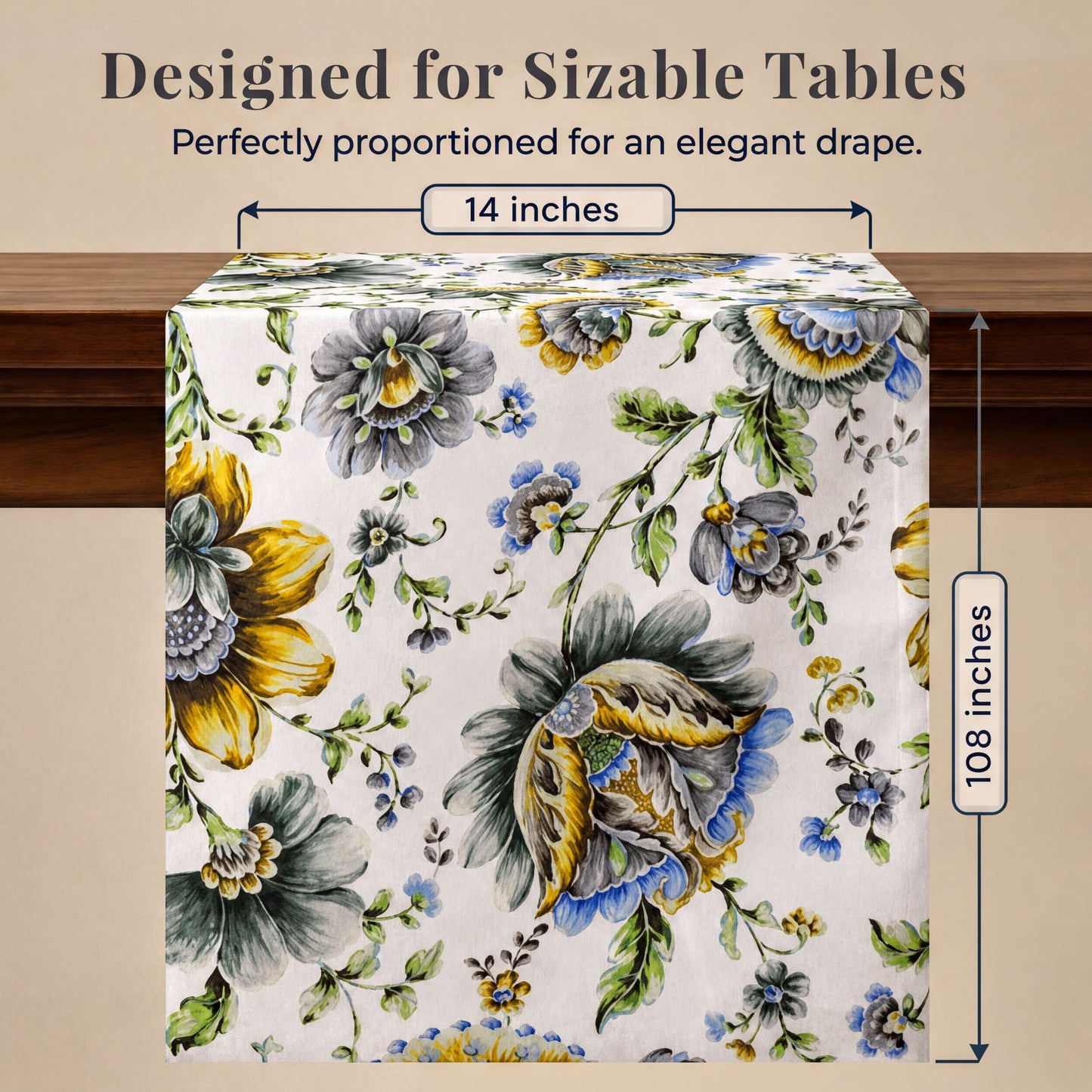 Printed Table Runner - Blue Floral Dining Decor | Handmade Polyester Runner