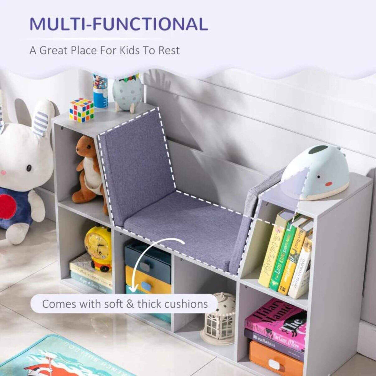 HOMCOM 6-Cubby Kids Bookcase with Reading Nook and Cushion, White