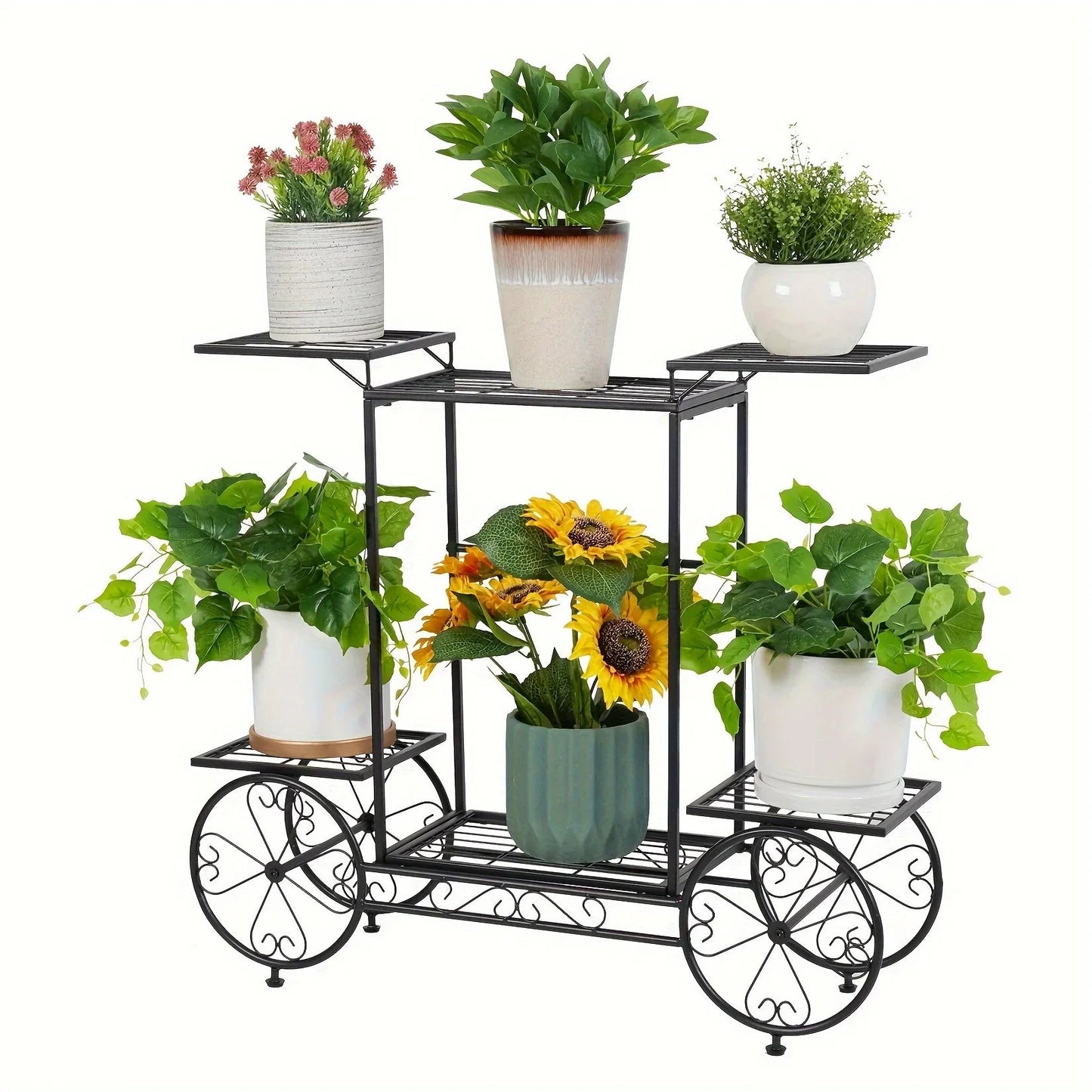 6-Tier Metal Garden Cart Plant Stand Iron Flower Display Rack