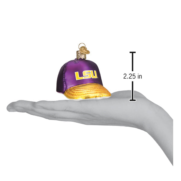 LSU Baseball Cap Ornament shown in a hand, measuring 2.25 inches, perfect for Christmas decoration.