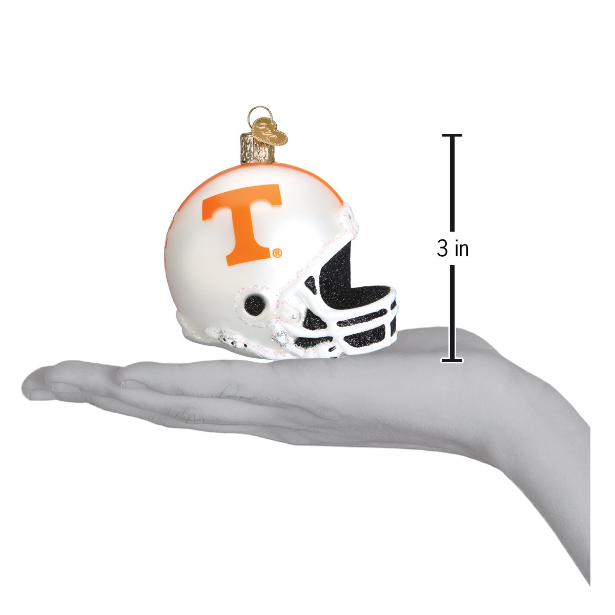 Tennessee Football Helmet Ornament displayed in a hand measuring 3 inches, perfect for holiday decor.