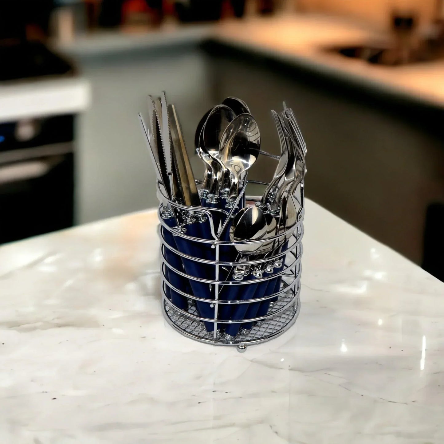 Flatware Set with Blue Handles and Storage Cady