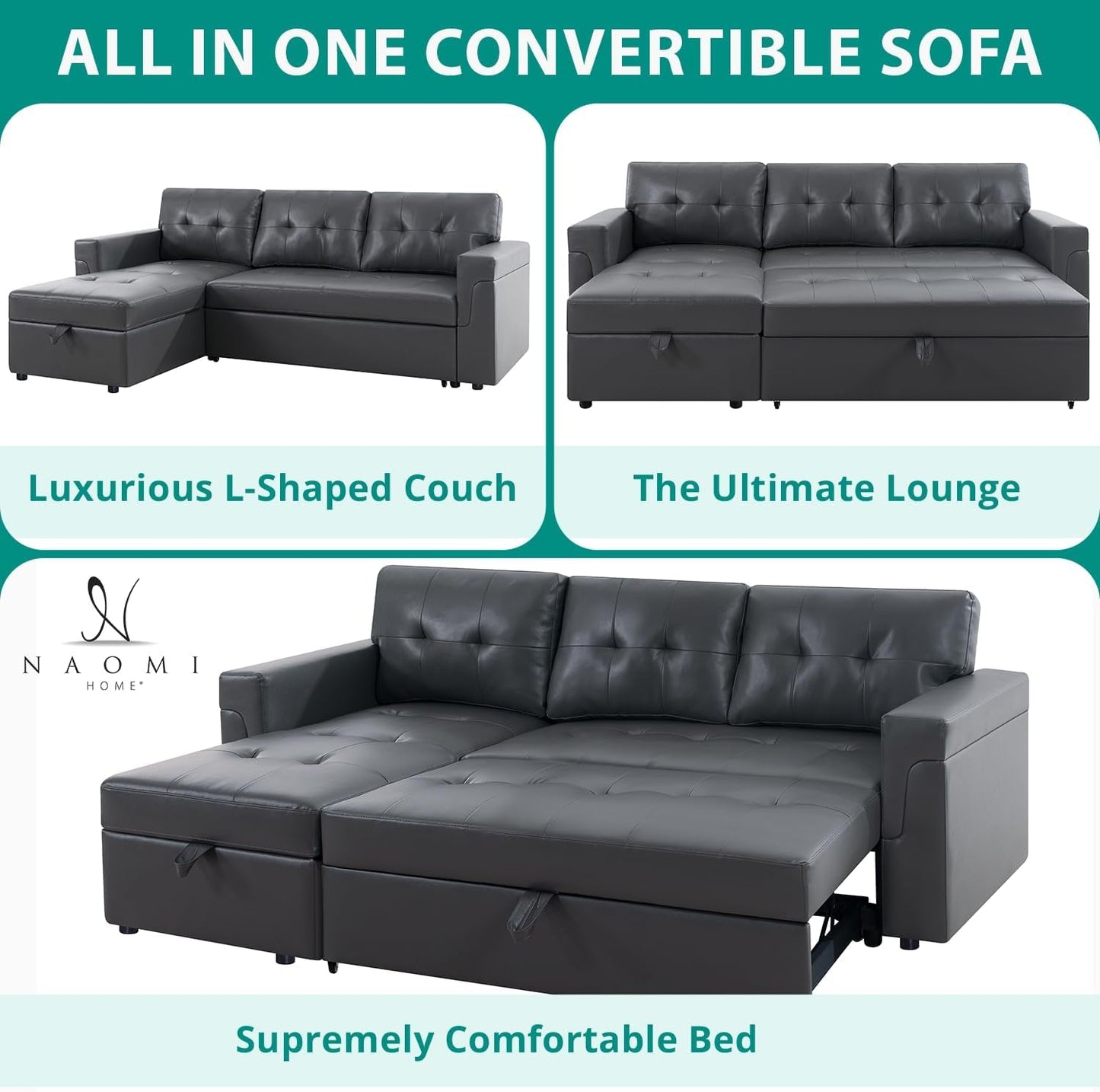Sleeper Sectional Sofa With Convertible Bed In Dark Gray