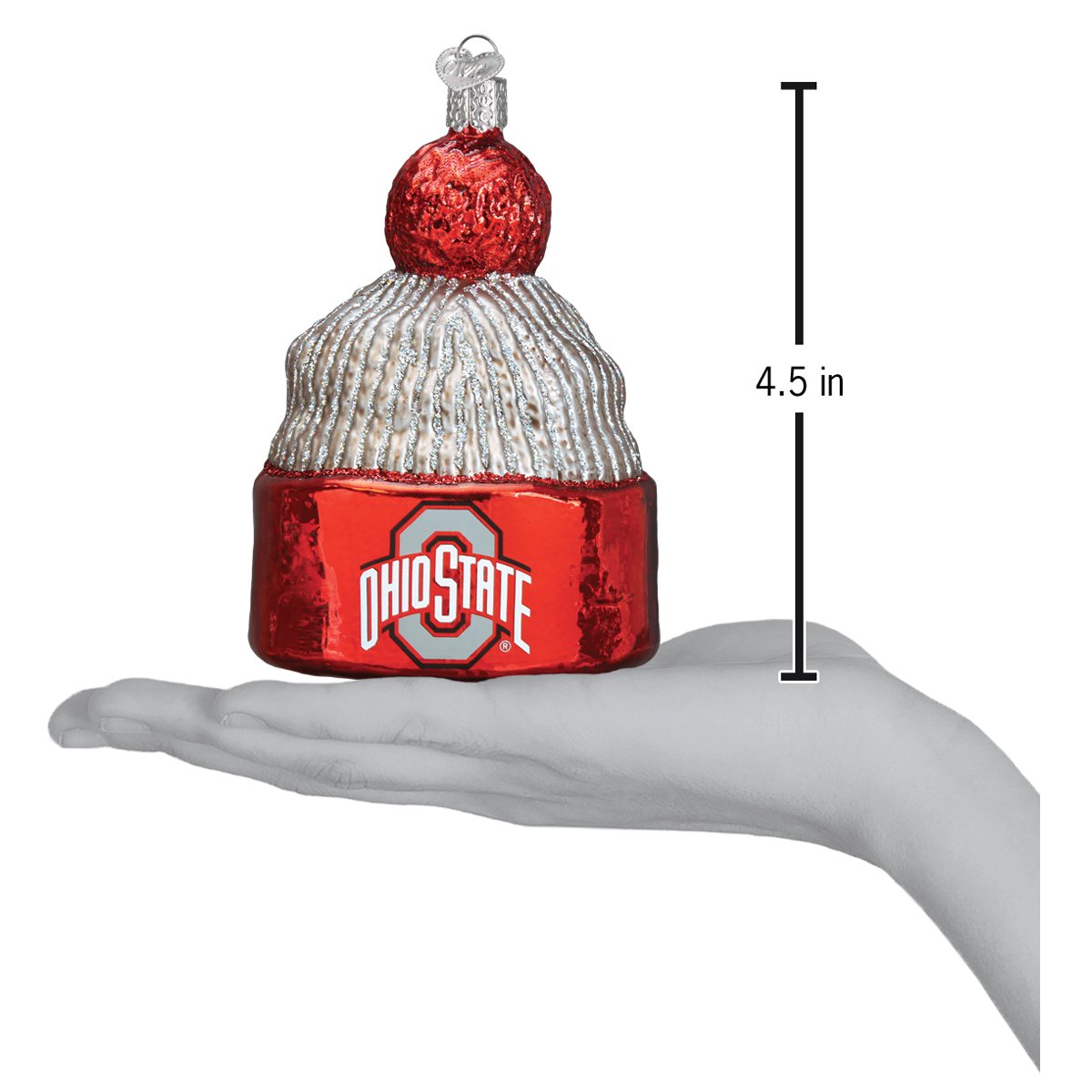 Ohio State Beanie Ornament displayed in a hand, measuring 4.5 inches, featuring the iconic Ohio State logo.
