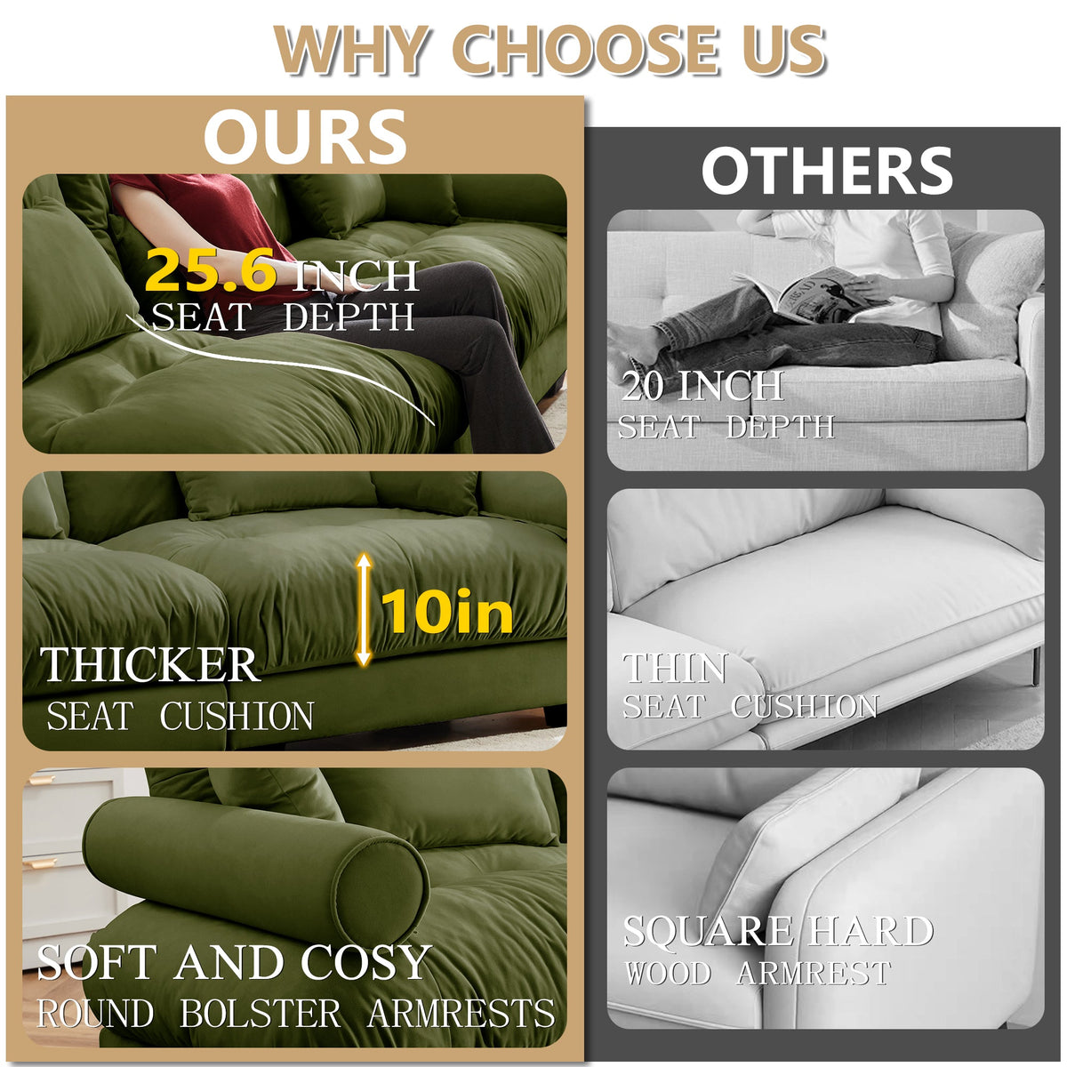 Large Size Modern Two-Seater Sofa with Bolstered Armrests