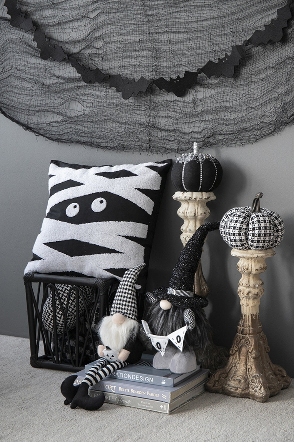 Plaid Fabric Pumpkin 7'' Black & White Halloween Decoration Accent