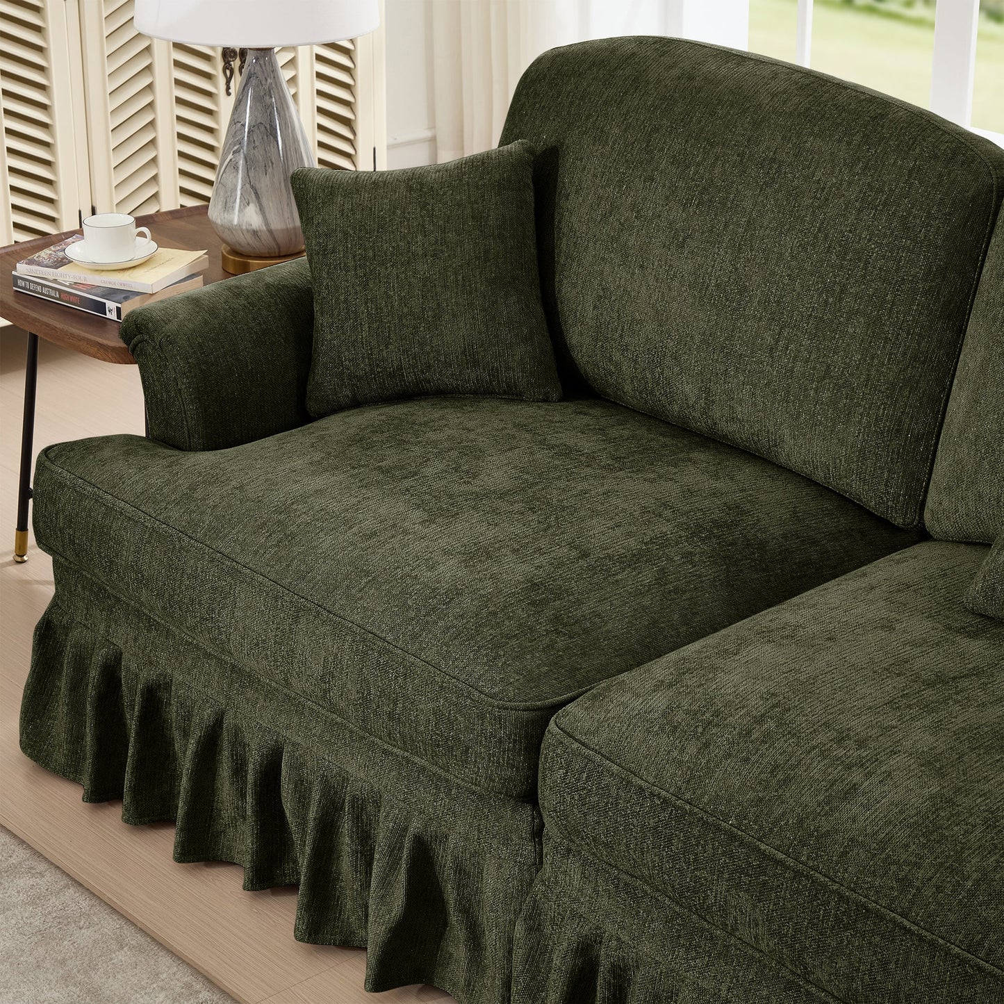 Classic Three Seater Modular L Shaped Sectional Couch with Flared Arms and Removable Ruffles Pleats Skirts and Spindle Legs, Comfy Chenille Four-Seat Deep Seat Sofa with Movable Ottoman, Green
