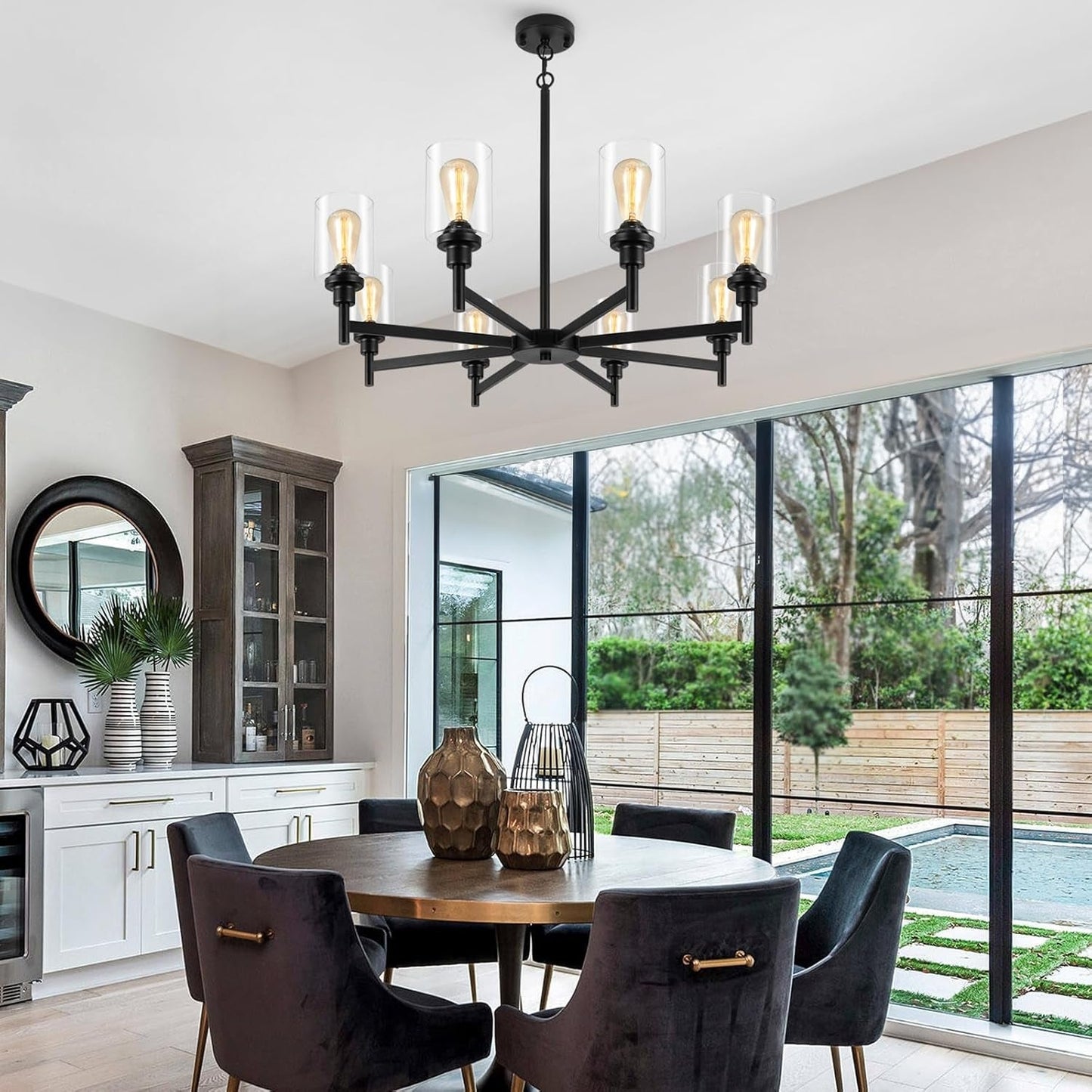 Black 8 Light Chandelier For Dining Room Glass Shades illuminating a modern dining space with a stylish design.