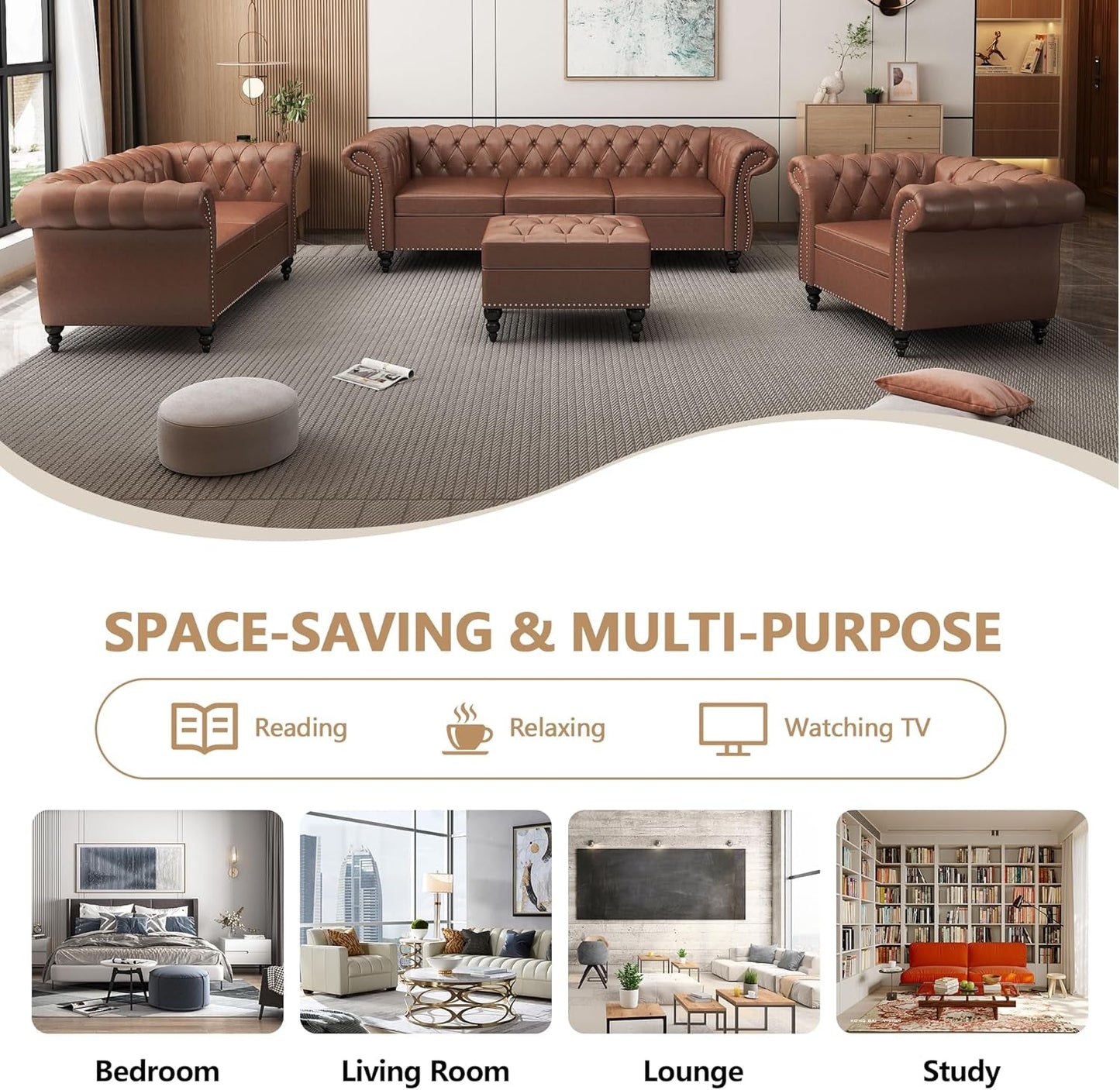 3 Piece Chesterfield Leather Sofa Set With Rolled Arms And Nailhead Trim Modern Brown Living Room Set