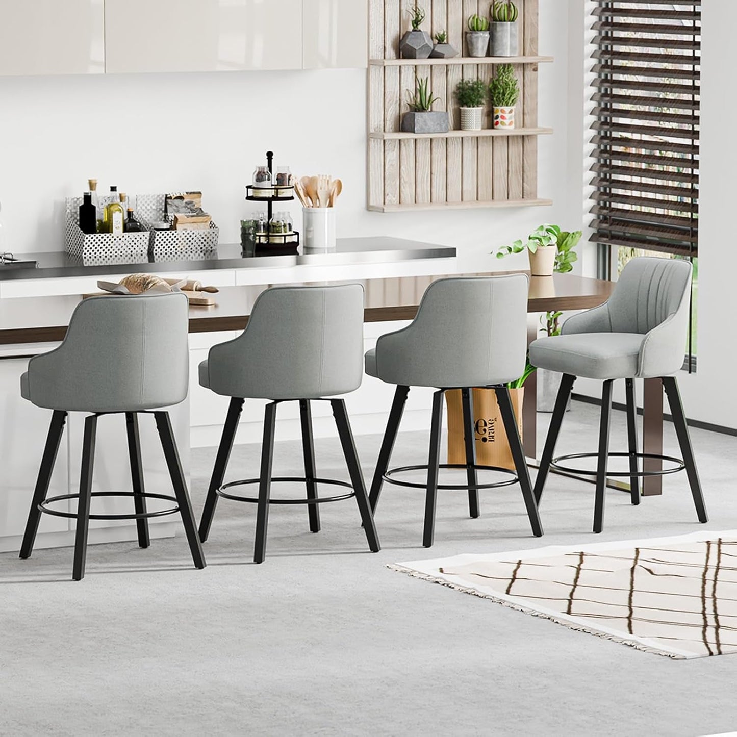Linen Fabric Upholstered Swivel Barstools Set of Two