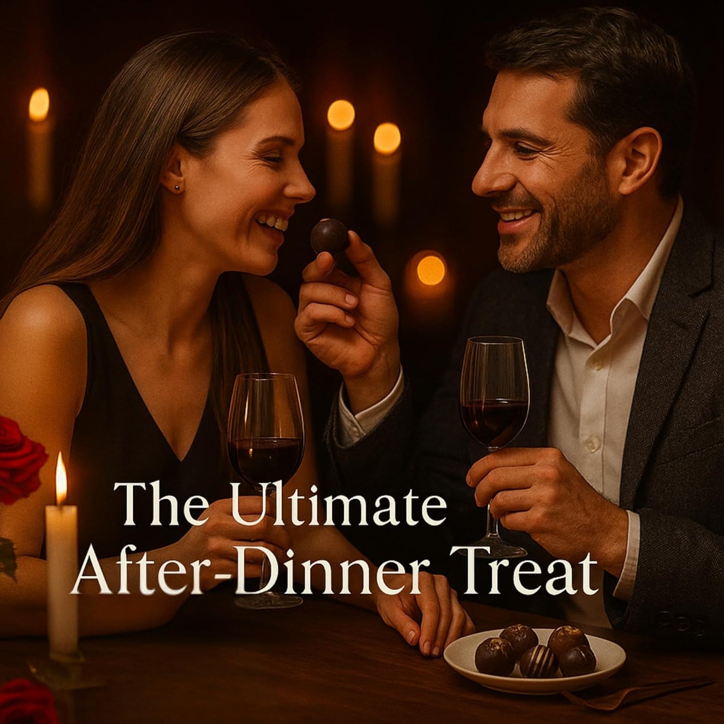 Couple enjoying a romantic dinner with wine and dessert, surrounded by candles.