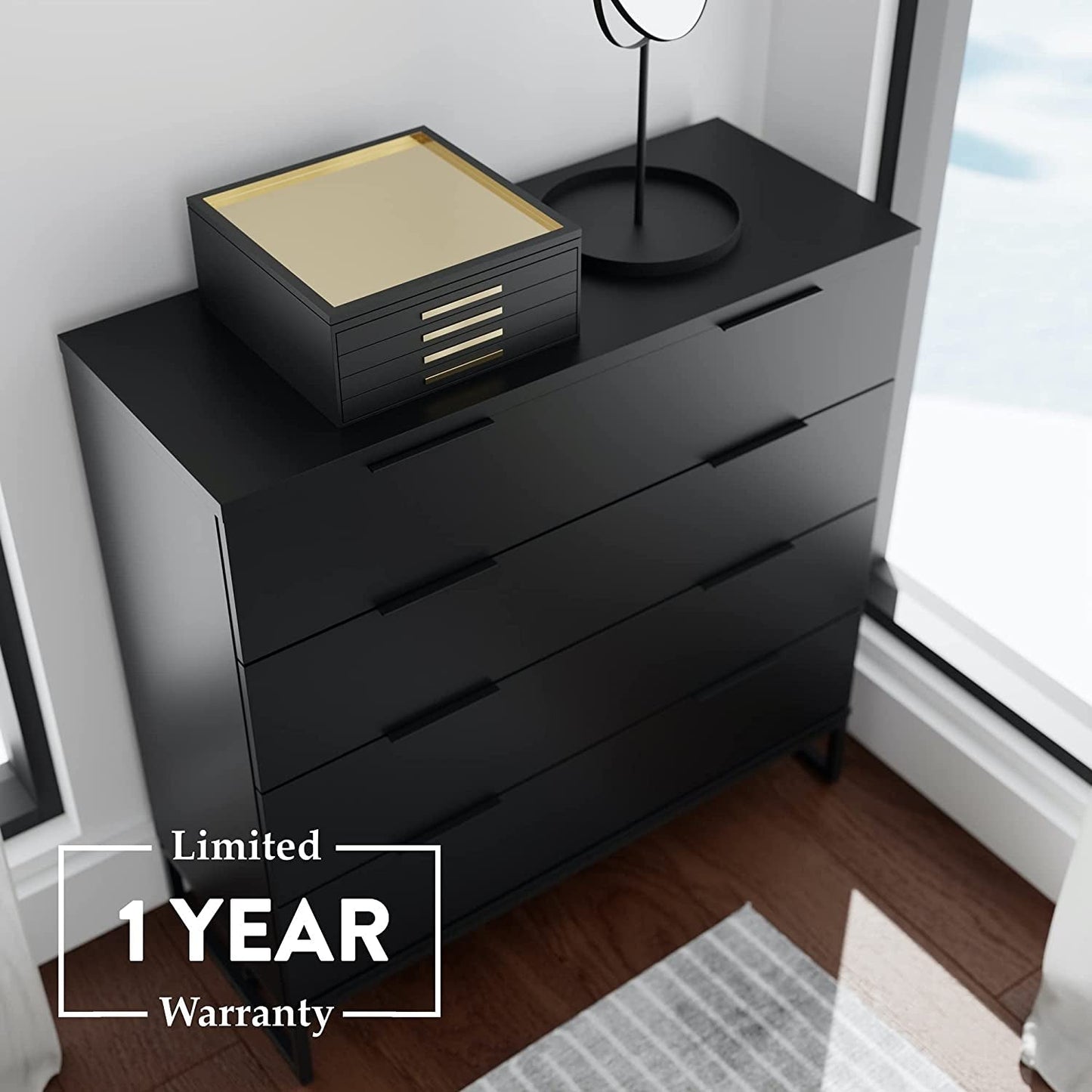 Black Modern Four Drawer Dresser Storage Chest For Bedroom