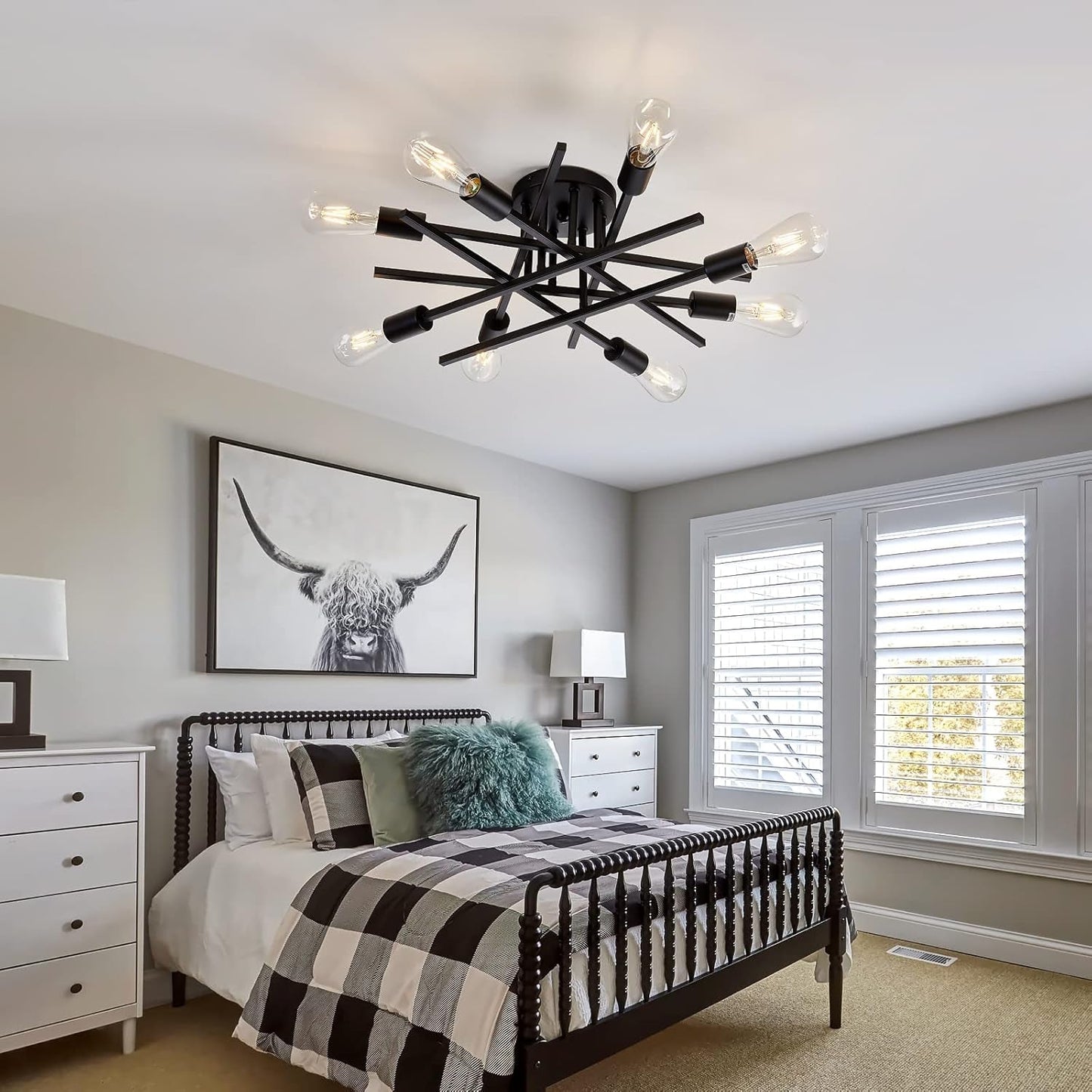 8 Light Matte Black Sputnik Chandelier Semi Flush Mount illuminating a stylish bedroom with modern decor.